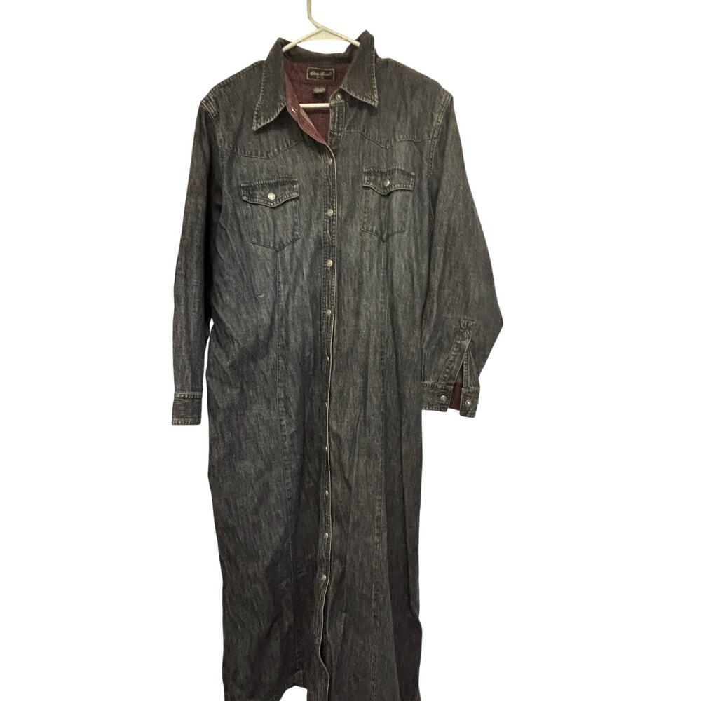 Eddie Bauer Denim Shirt Dress Petite XL Plaid Lined Snap Front Western Shacket